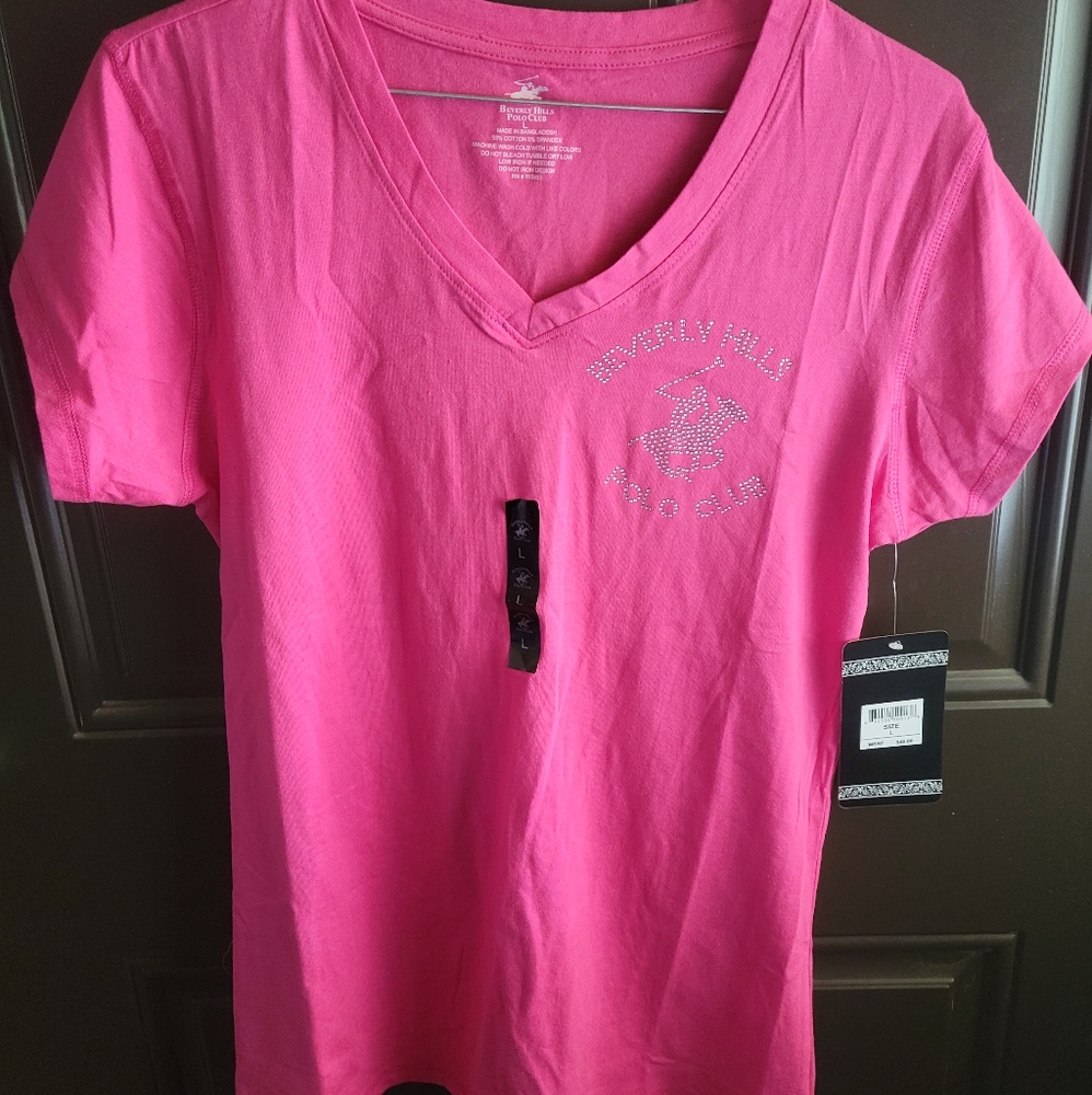 Beverly Hills Polo Club women's large nwt hot pink/fushia v-neck tshirt